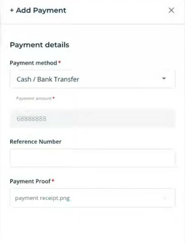The MHub Add Payment form, with the payment amount shown locked and read-only, plus reference number and payment proof fields.