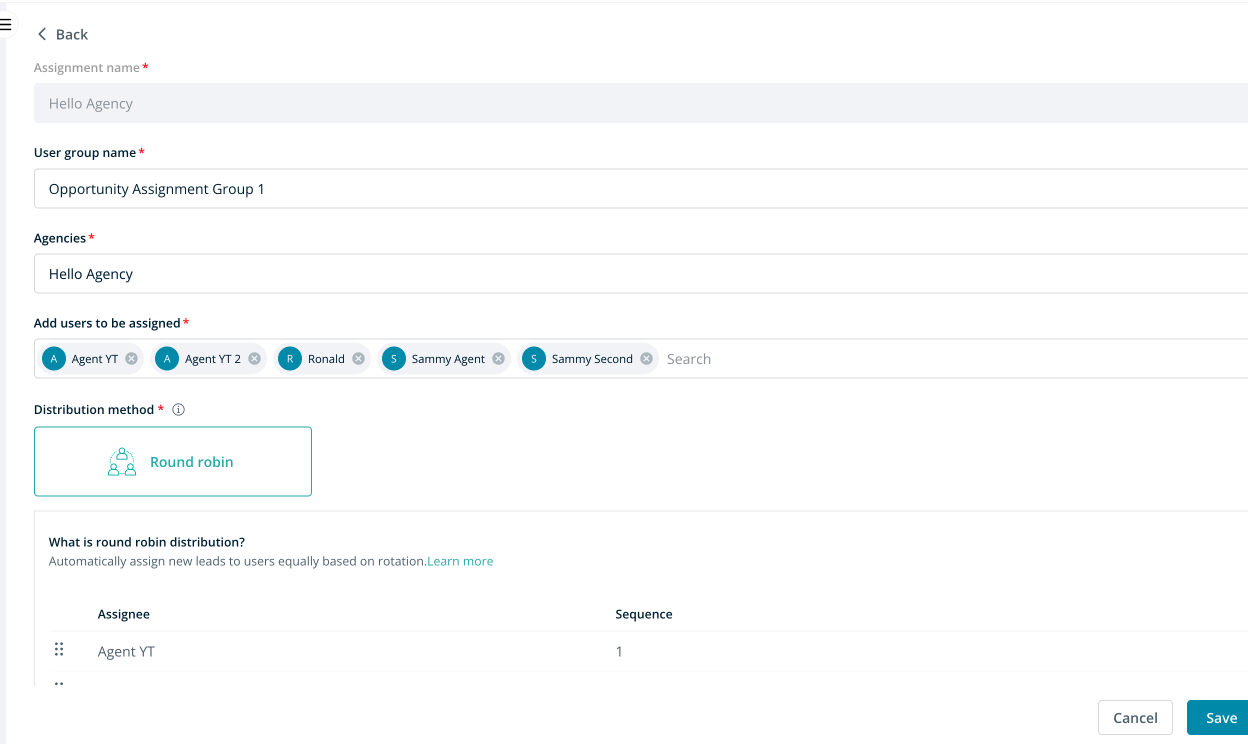 MHub auto-assignment settings: an assignment group for one agency, the agents included in it, and round robin selected as the distribution method.