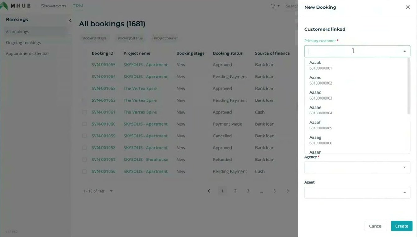The MHub New Booking drawer, linking a customer to a project with agency and agent fields, over the bookings list.
