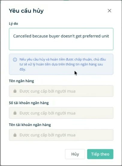 The MHub cancellation request dialog in Vietnamese, where the three buyer bank fields are locked and read Provided by the buyer.