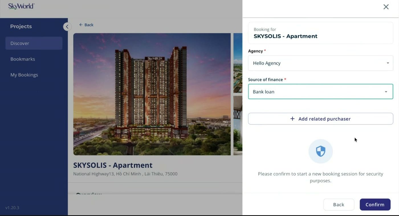 The buyer portal booking panel, with agency and source of finance selected before confirming.