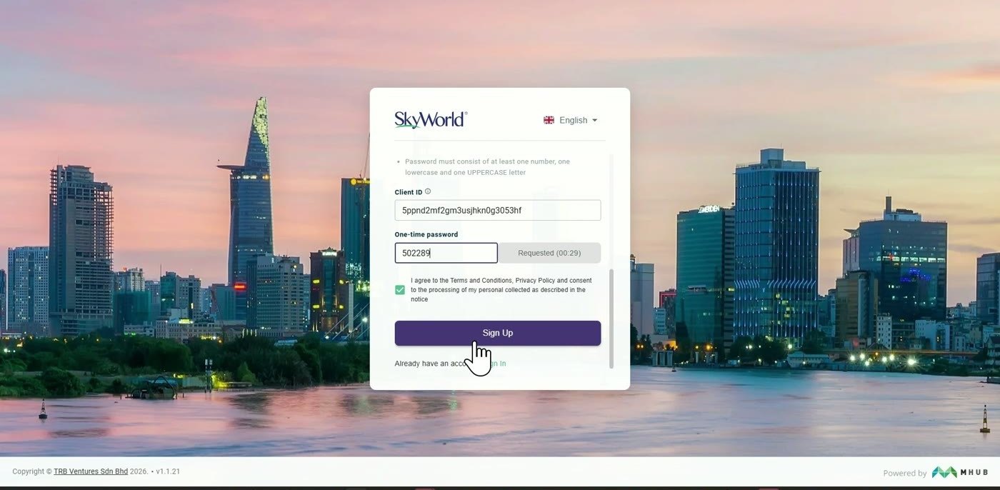 The buyer portal sign-up dialog, asking for a client ID and a one-time password.