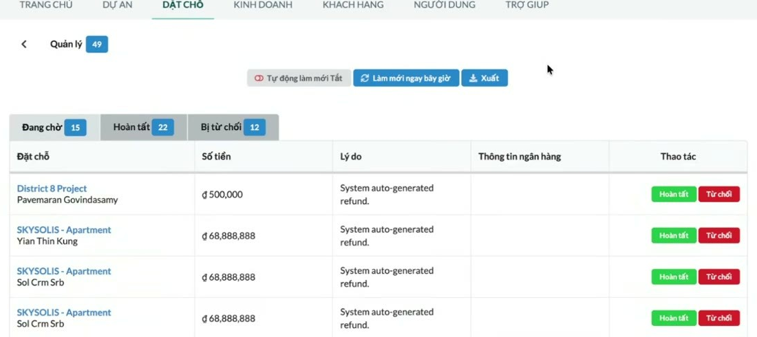 MHub Manage Refunds console: pending, completed and rejected tabs with counts, an export button, and four system-generated refunds each with Complete and Reject actions.