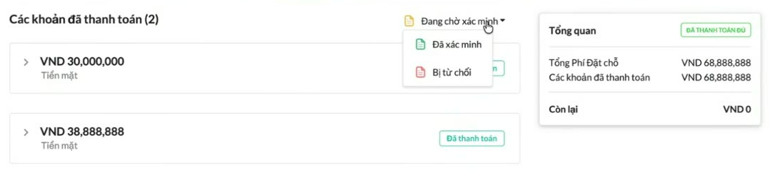 MHub Showroom payment tab: two confirmed cash payments with the verification menu open on Verified and Rejected, and a summary showing the booking fully paid with zero balance.