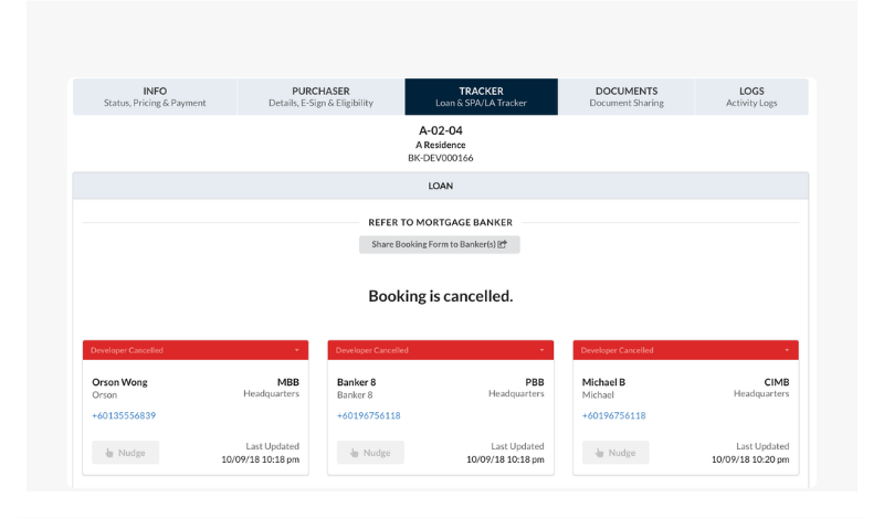 MHub screen tracking one loan application card per bank with live status on each.