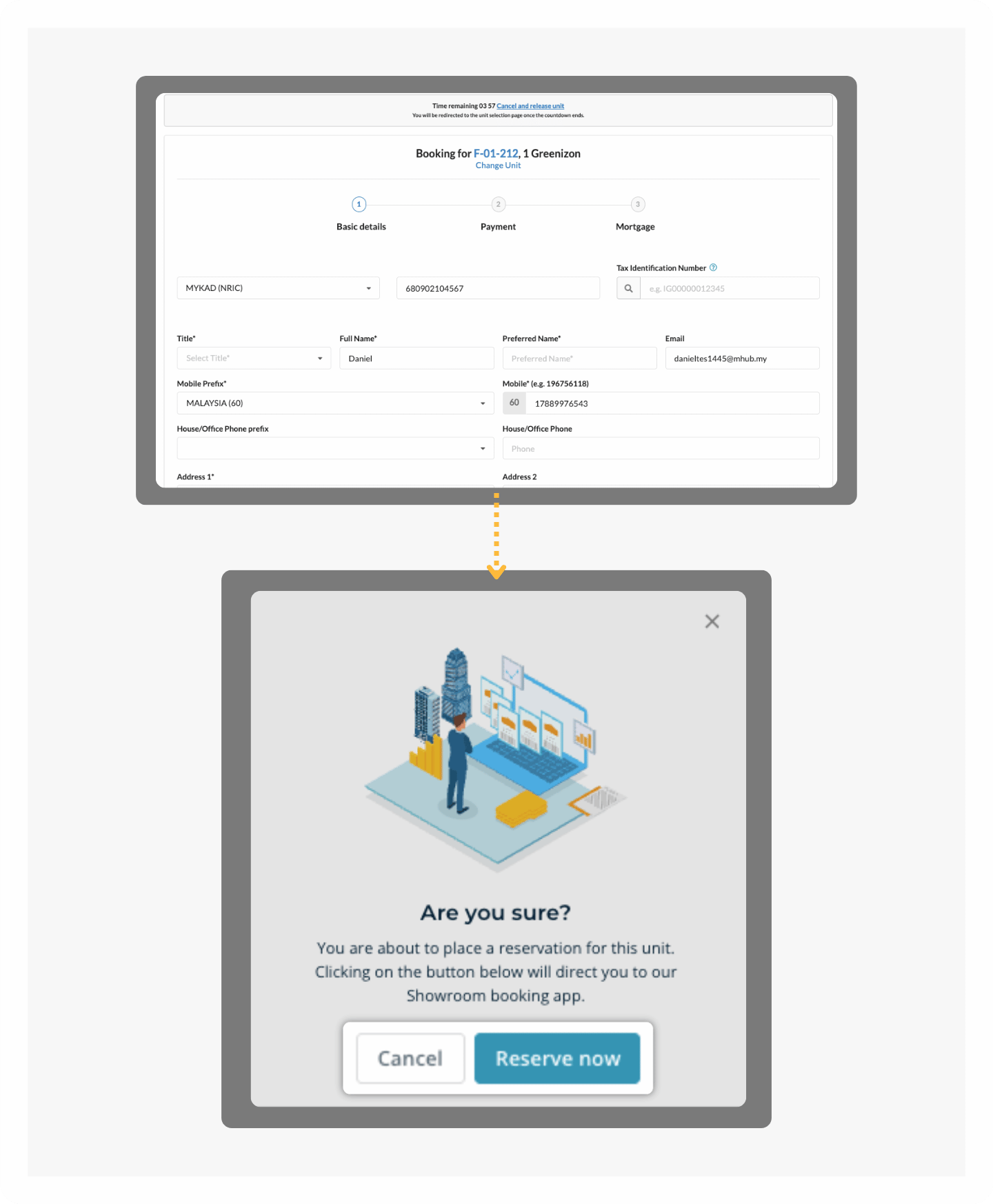 Sebuah opportunity MHub CRM yang berpindah dari follow up ke reserved, dengan reservasi dibuat di Showroom.